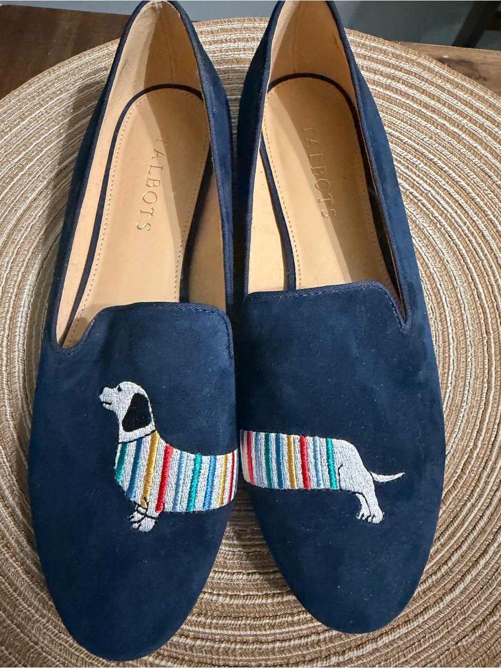 Talbots Navy Suede Loafers with Embroidered Striped Dachshund - Never worn!
